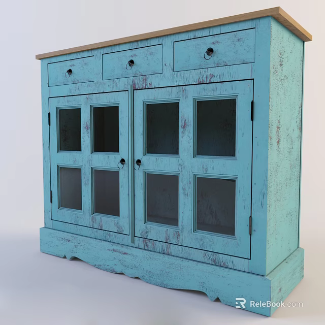 Distressed Turquoise Entryway Cabinet Sideboard With Glass Doors And Drawers 3d model 