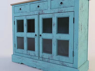 Distressed Turquoise Entryway Cabinet Sideboard With Glass Doors And Drawers 3d model
