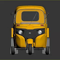 Yellow Three Wheeled Cargo Truck With Open Bed And Cabin On Dark Background With Reflection