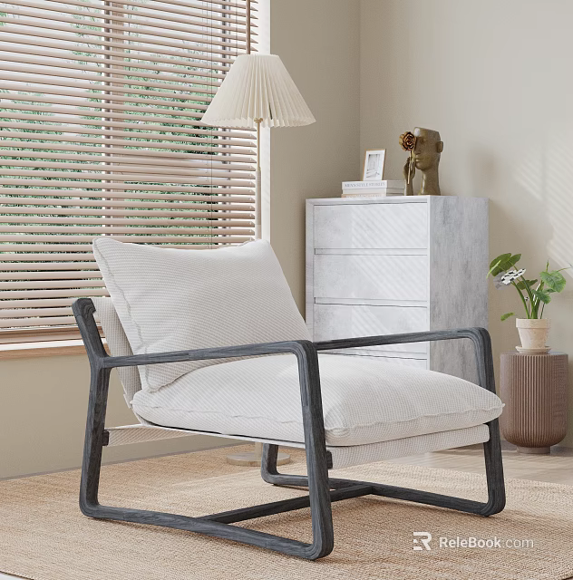 Modern Single Sofa With White Cushion Black Frame And Marble Chest Of Drawers White Table Lamp 3d model 