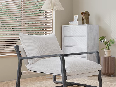 Modern Single Sofa With White Cushion Black Frame And Marble Chest Of Drawers White Table Lamp 3d model