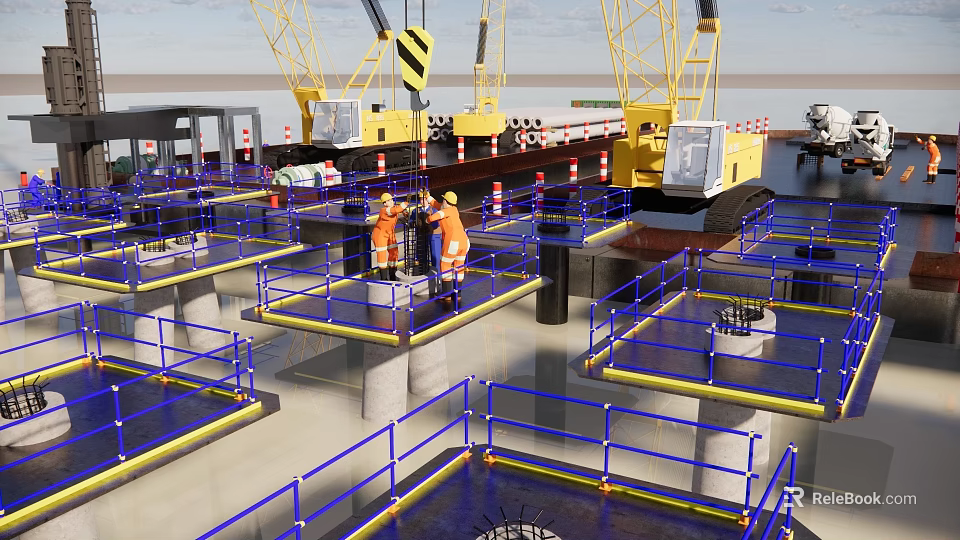 Construction Site Workers On Scaffolding Platform With Cranes And Railings 3d model
