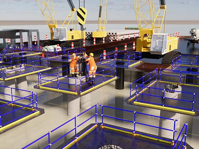 Construction Site Workers On Scaffolding Platform With Cranes And Railings 3d model