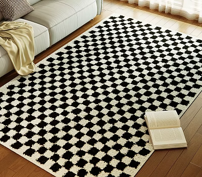 Black And White Checkered Square Rug Near Sofa With Book 3d model