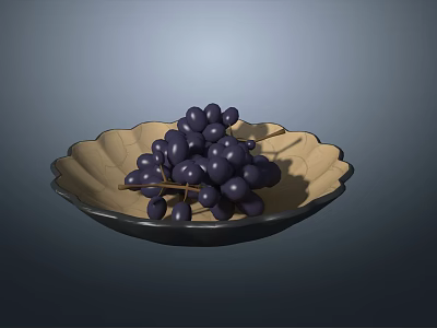 Fresh Purple Grapes in Golden Patterned Plate on Gray Gradient Background 3d model