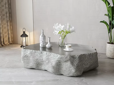 Natural Textured Stone Coffee Table With White Flowers Vase Teacup And Green Plant 3d model
