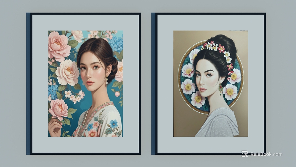 Artistic Portrait Paintings of Women with Roses Flower Crowns and Floral Decor 3d model 