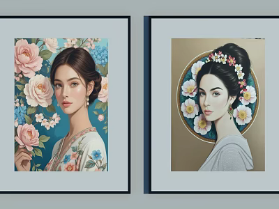 Artistic Portrait Paintings of Women with Roses Flower Crowns and Floral Decor 3d model
