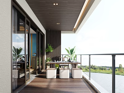 Home Balcony Design With Wooden Flooring Glass Railing Plants Table Stools And Lake View 3d model