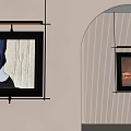 Abstract Paintings Hanging On Walls In Minimalist Interior With Blue White And Orange Brown Frames