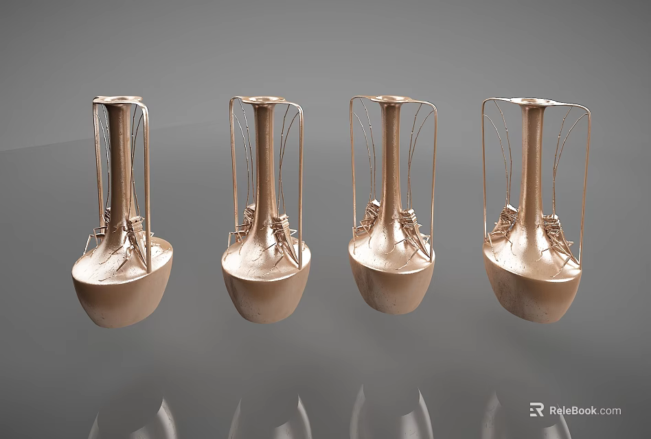 Four Elegant Copper Vases With Slender Neck And Decorative Metal Lines For Floral Arrangements 3d model 