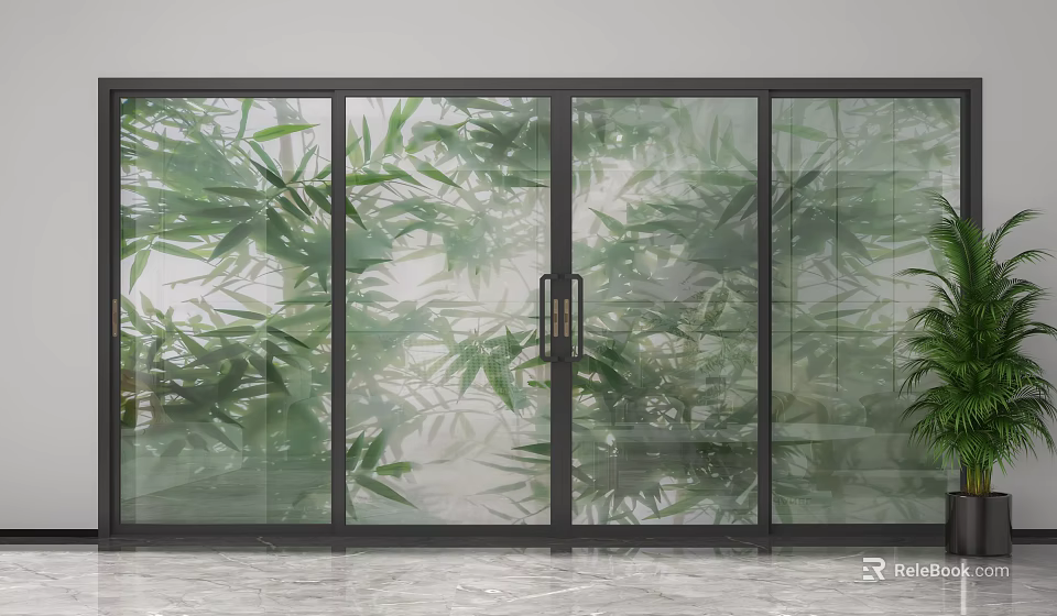Modern Glass Partition With Black Frame And Bamboo View In Interior Space 3d model 