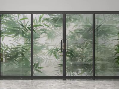 Modern Glass Partition With Black Frame And Bamboo View In Interior Space 3d model