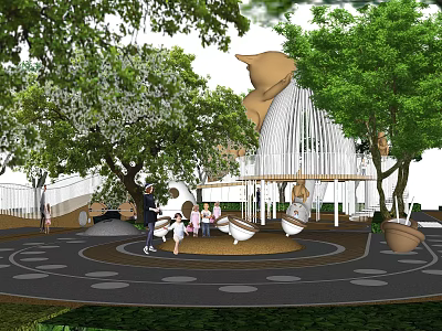 Children's Play Area With Green Trees Play Structures And Kids Playing Outdoors Safely 3d model