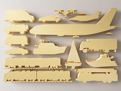 Golden Transportation Models Wall Decor with Airplane Car Train and Ship 3d model