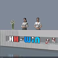 Modern Exhibition Reception Desk With HH-Win Signage Two Staff White Flower Vase And Small Dolls