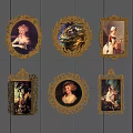 Classical Paintings With Golden Frames Featuring Figures And Landscapes On Gray Striped Wall