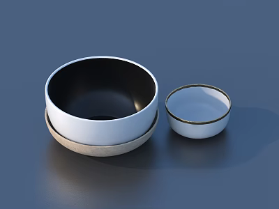 Stylish Ceramic Bowl Set With Black Interior White Exterior Tray And Small Gold Rim Bowl 3d model