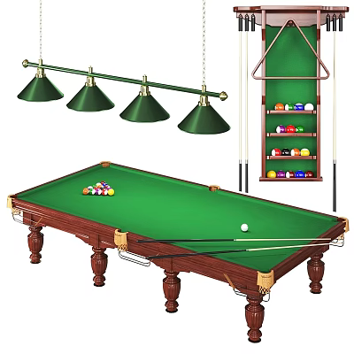 Billiard Sports Equipment Green Felt Table With Pool Balls Cue Sticks Rack And Hanging Lights 3d model