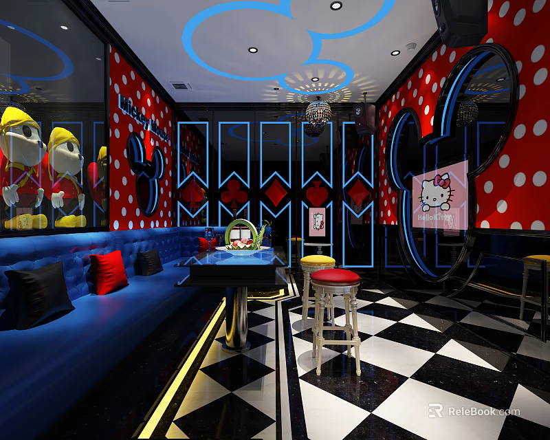 Cartoon Themed KTV Interior With Mickey Mouse Hello Kitty Decor Blue Sofa And Red Stools 3d model 