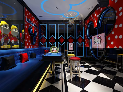 Cartoon Themed KTV Interior With Mickey Mouse Hello Kitty Decor Blue Sofa And Red Stools 3d model