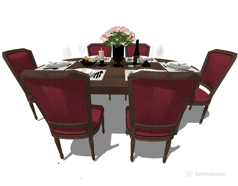 Elegant Dining Table Set With Red Upholstered Chairs Flower Arrangement And Tableware 3d model