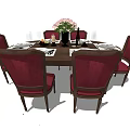 Elegant Dining Table Set With Red Upholstered Chairs Flower Arrangement And Tableware 3d model