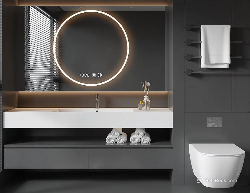 Modern Bathroom Cabinet With Round Illuminated Mirror White Countertop And Towel Rack 3d model 