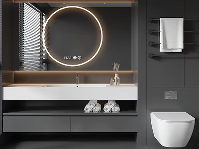 Modern Bathroom Cabinet With Round Illuminated Mirror White Countertop And Towel Rack 3d model