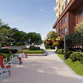 Residential Landscape With Green Lawn Trees Pedestrian Walkway Benches And Kids Play Area