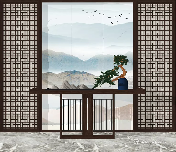 Chinese Style Console Table Interior Design With Lattice Screens Mountain Landscape Bonsai And Flying Birds 3d model 