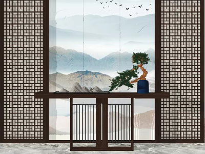 Chinese Style Console Table Interior Design With Lattice Screens Mountain Landscape Bonsai And Flying Birds 3d model