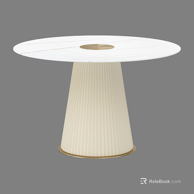 Elegant Modern Round Dining Table With White Tabletop And Beige Pleated Gold Base 3d model 