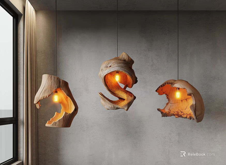 Unique Shaped Wooden Pendant Lights with Natural Irregular Design Warm Glow in Modern Interior 3d model 