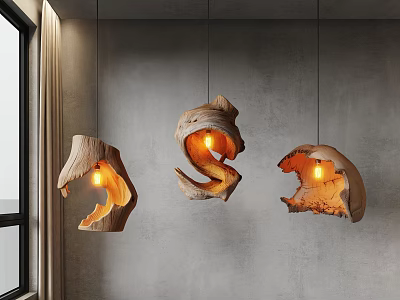 Unique Shaped Wooden Pendant Lights with Natural Irregular Design Warm Glow in Modern Interior 3d model