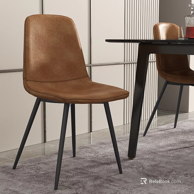 Brown Leather Dining Chairs Featuring Black Slender Legs Next To Black Table And Gray Rug 3d model 