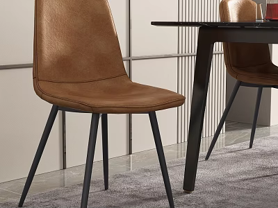 Brown Leather Dining Chairs Featuring Black Slender Legs Next To Black Table And Gray Rug 3d model