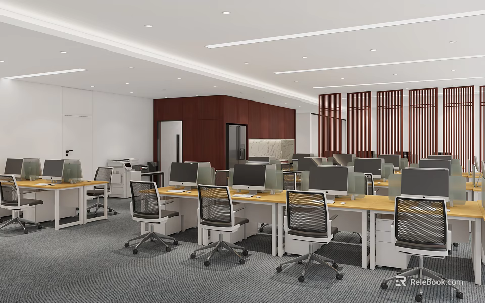 Modern Public Office Space With Open Layout Desks Chairs And Computer Monitors 3d model