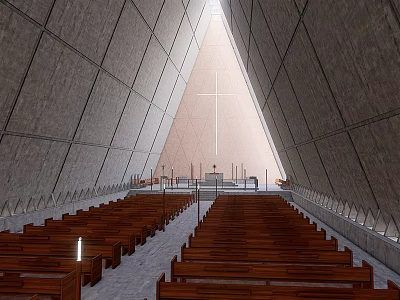 Religious Worship Sanctuary Interior With Wooden Pews Altar Concrete Walls And Triangular Roof 3d model