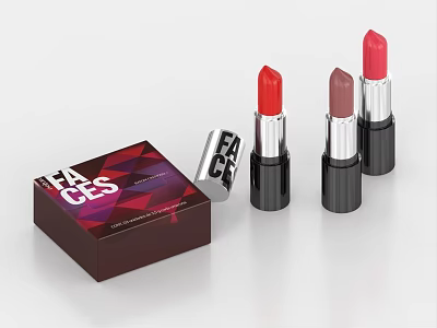 Modern Cosmetic Lipsticks With Branded Box And Metallic Cases In Various Shades 3d model
