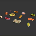 Various Assorted Food Items Including Hamburger Pizza Hot Dog Sushi And More On Black Background