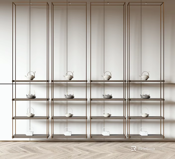 Modern Shelving Unit with Metal Frame and Decorative Items in Minimalist Design 3d model 