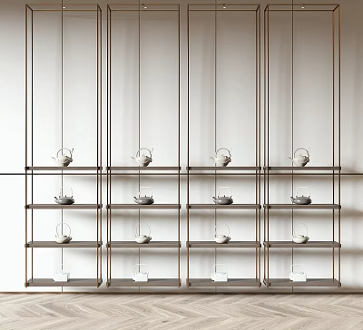 Modern Shelving Unit with Metal Frame and Decorative Items in Minimalist Design 3d model