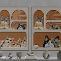 Cat Paintings with Multiple Cats in Various Poses on Decorative Background Wall Art 3d model