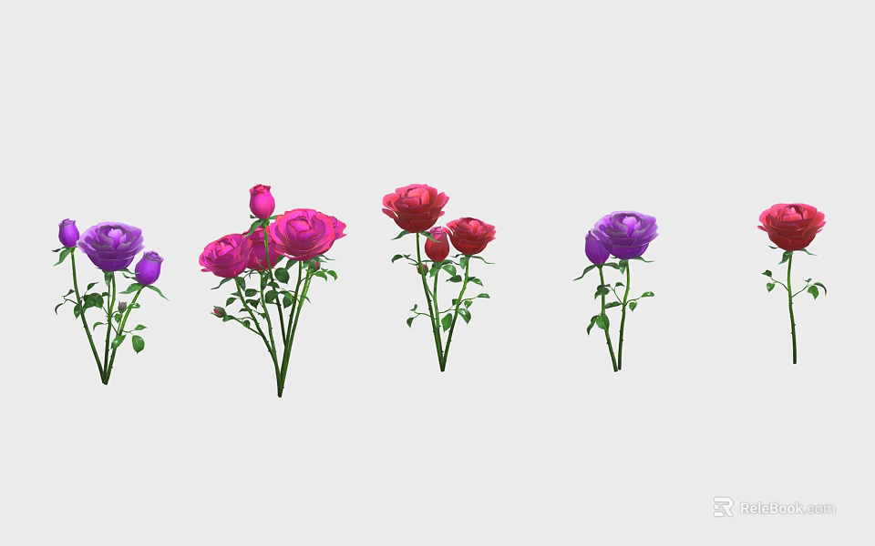 Beautiful Purple Pink And Red Roses Various Bouquets With Different Flower Counts On Light Background 3d model 