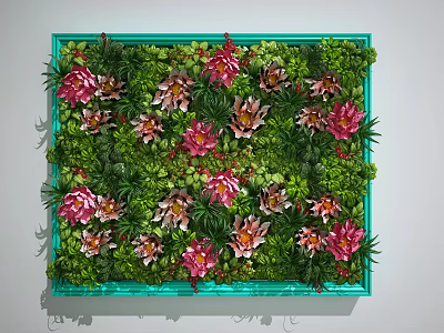 Indoor Living Plant Wall With Green Foliage Pink Flowers And Blue Frame Design 3d model