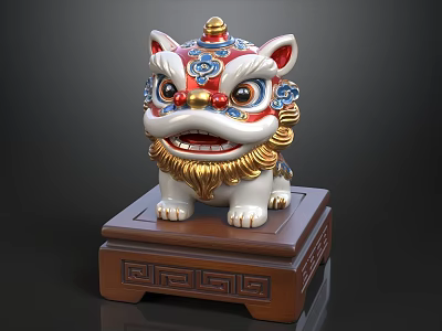 The image focuses on a colorful lion sculpture with a brown base, not a sofa and coffee table set. Unable to generate a title with "sofa coffee table combination" as the main subject based on the provided image. 3d model
