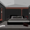 Modern Bedroom Interior With Black Walls Red Accents Wooden Wardrobes Gray Bed And Red Chair