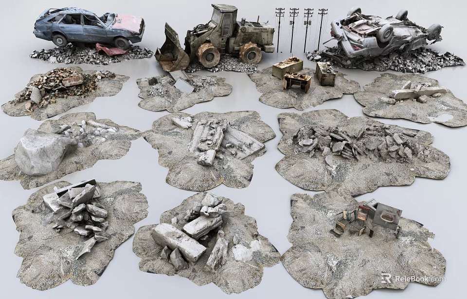 Damaged Cars Bulldozer Scattered Broken Construction Rubble Debris Field Scene 3d model 