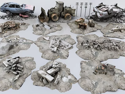 Damaged Cars Bulldozer Scattered Broken Construction Rubble Debris Field Scene 3d model